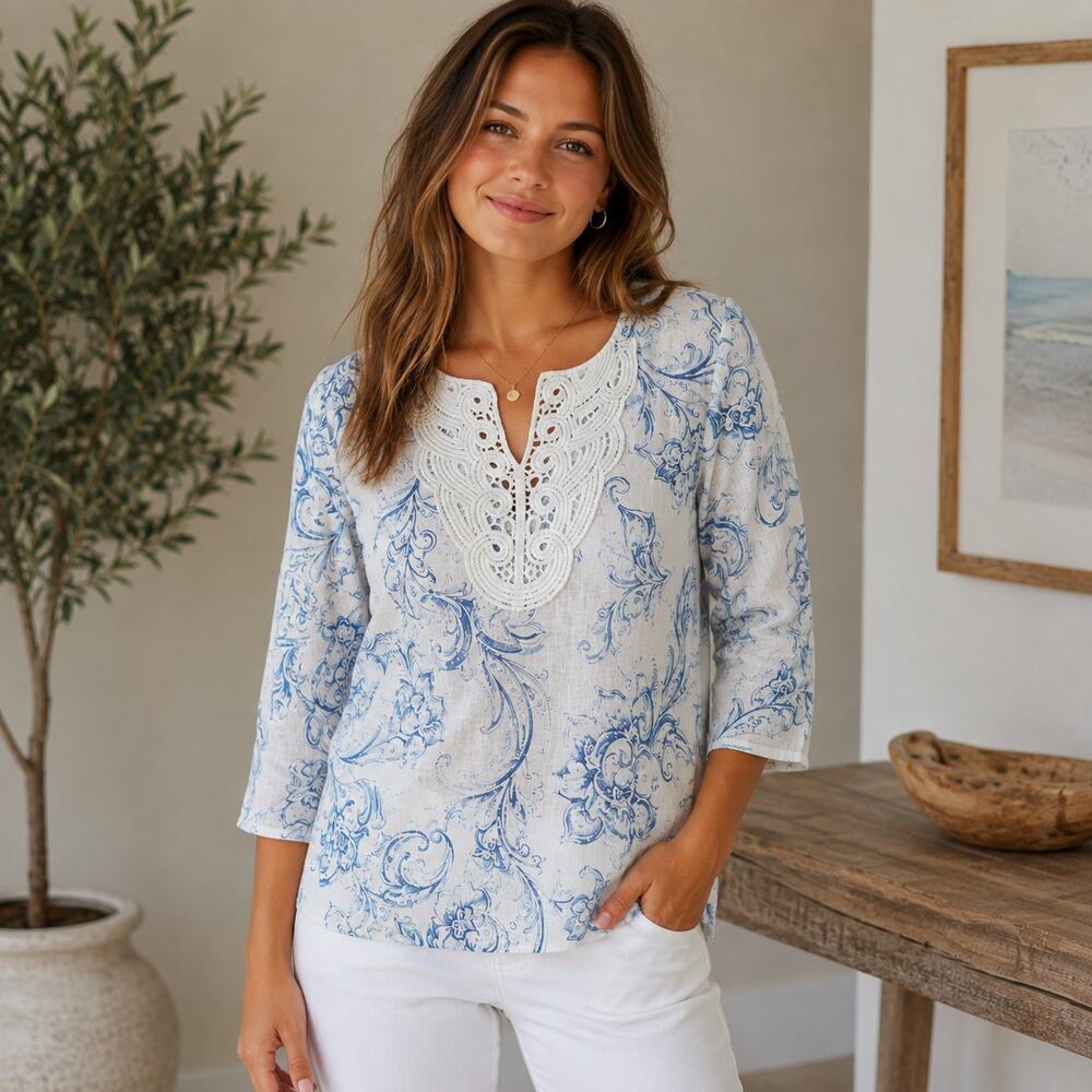 Elena Baldi linen blue paisley top crochet Small boho country natural